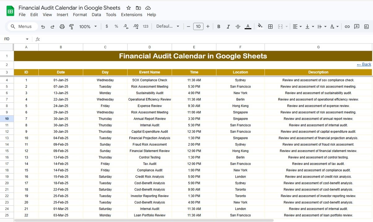 Financial Audit Calendar - Events Sheet
