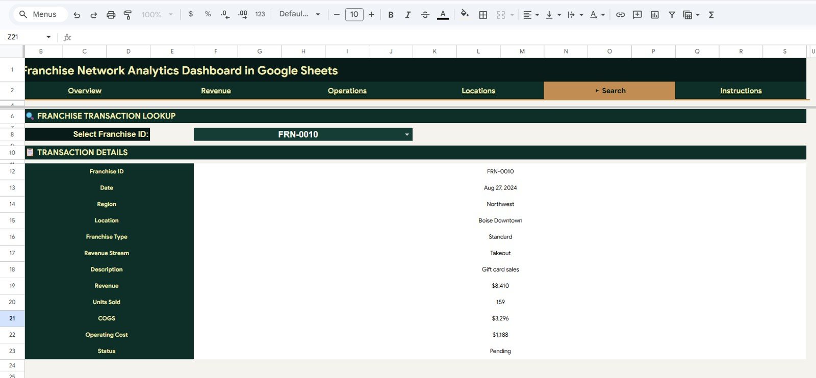 Search sheet tab in Franchise Network Analytics Dashboard in Google Sheets