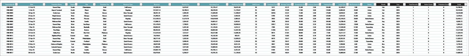 Franchise Performance Dashboard in Excel - Data Sheet