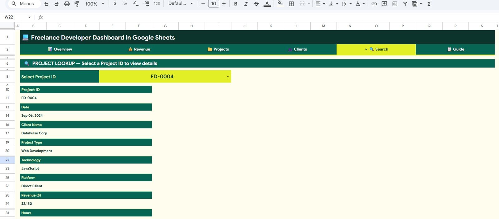 Freelance Developer Dashboard in Google Sheets - Search Sheet