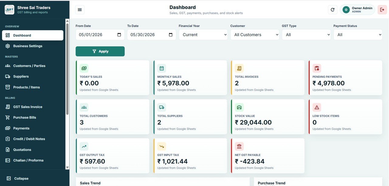 GST Billing System Web App - Dashboard