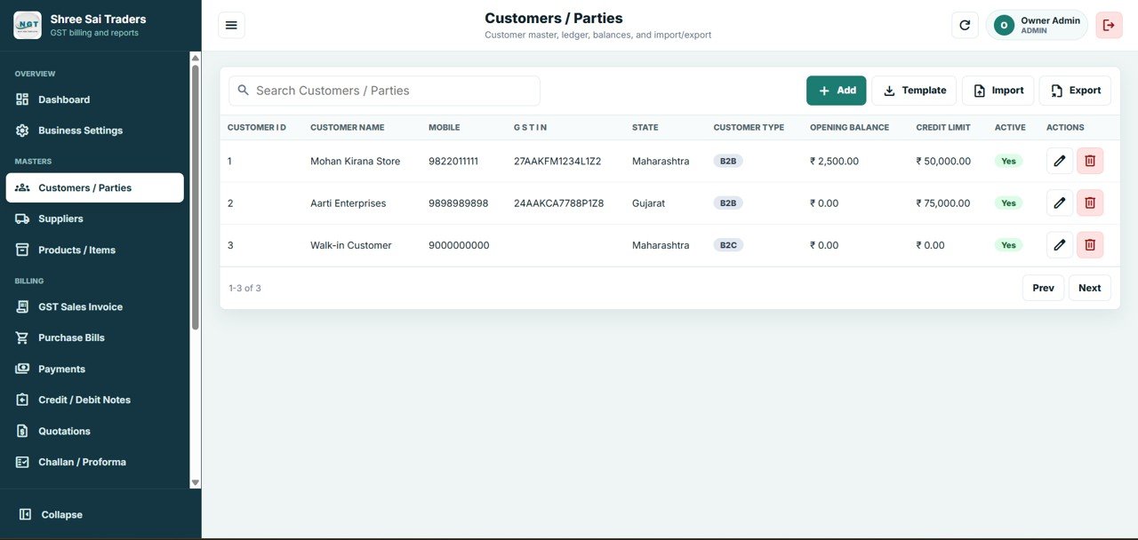 GST Billing System Web App - Customers / Parties