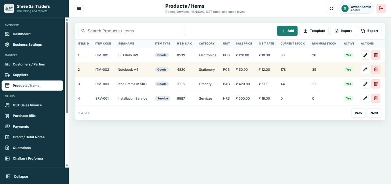GST Billing System Web App - Products / Items