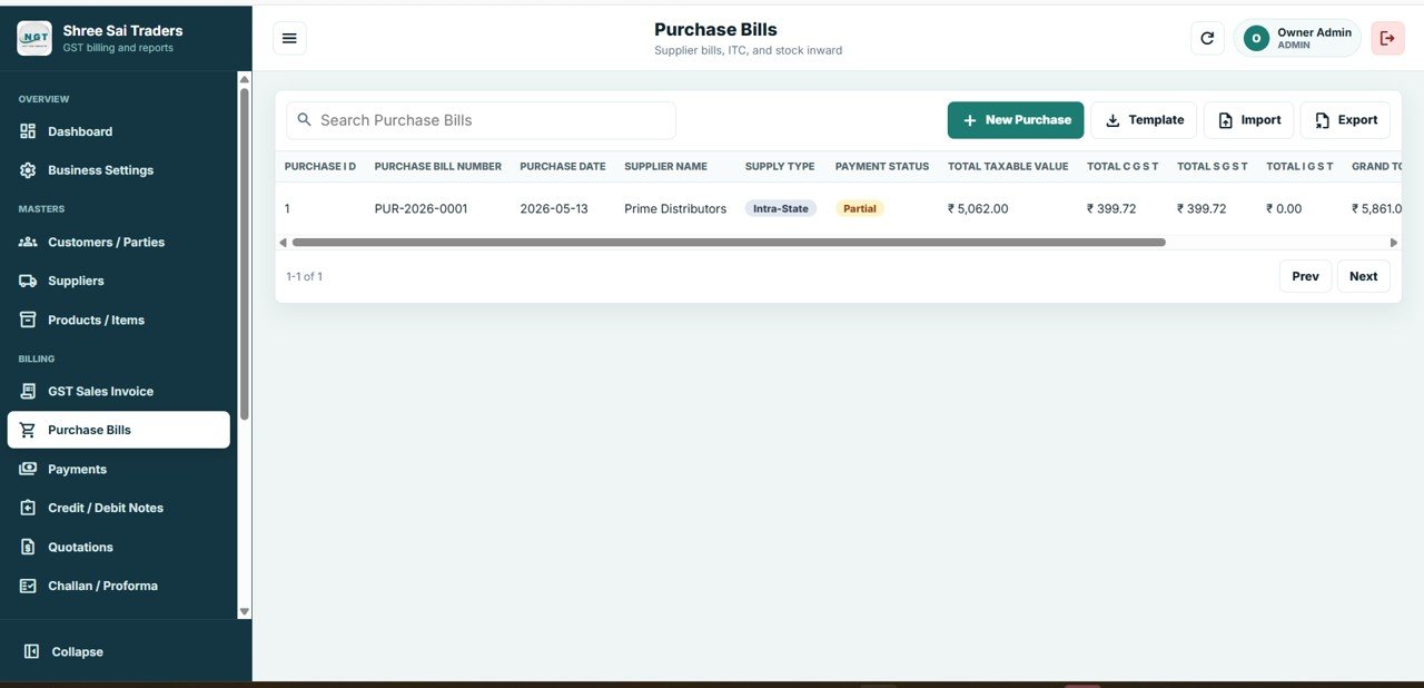 GST Billing System Web App - Purchase Bills