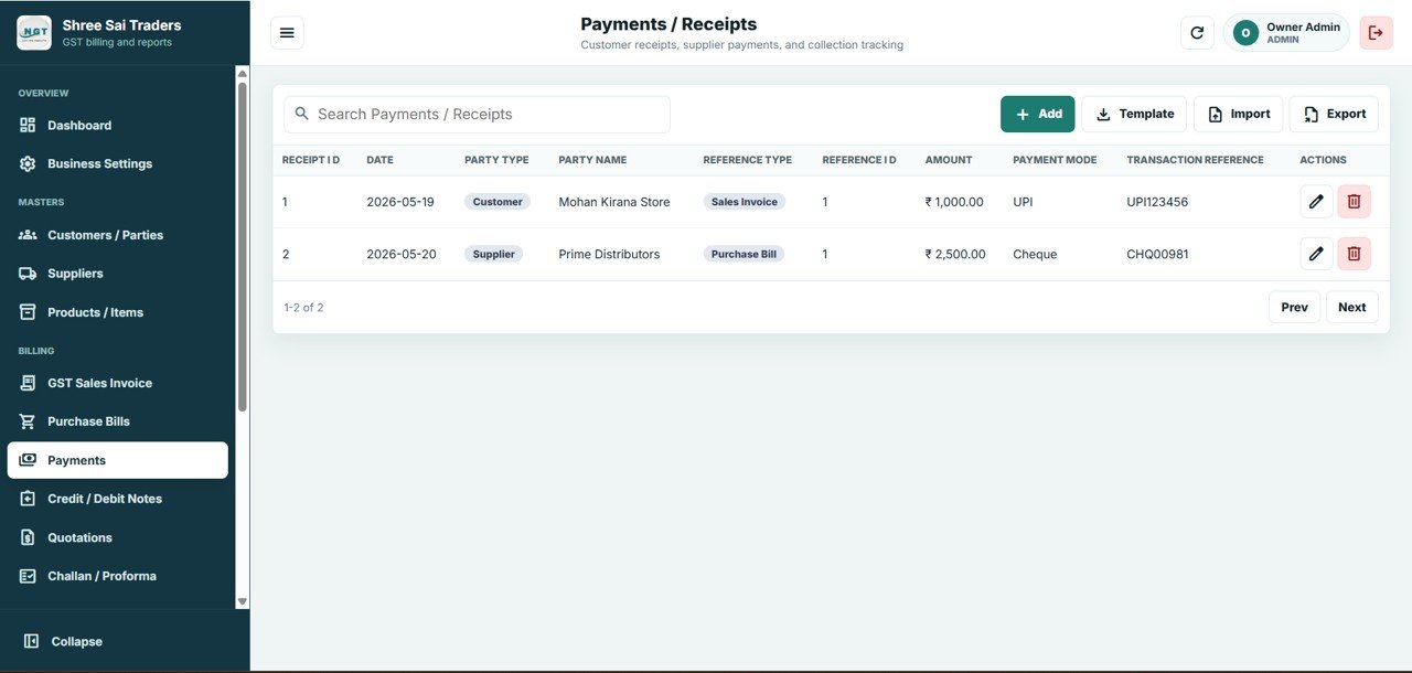 GST Billing System Web App - Payments / Receipts