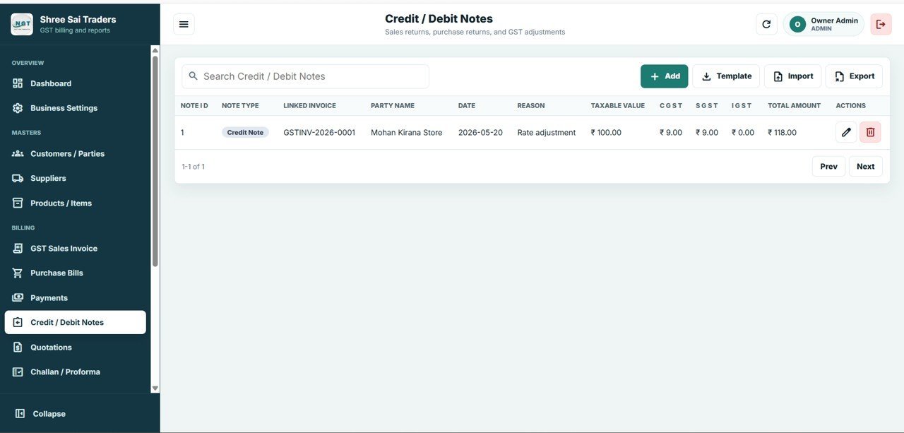 GST Billing System Web App - Credit / Debit Notes