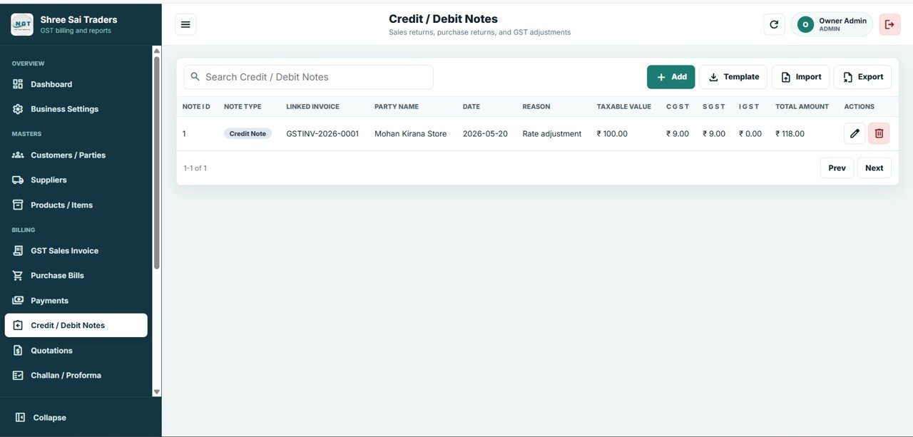 GST Billing System Web App - Credit / Debit Notes