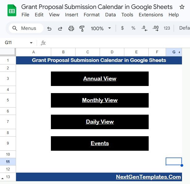 Grant Proposal Submission Calendar in Google Sheets - Home Sheet