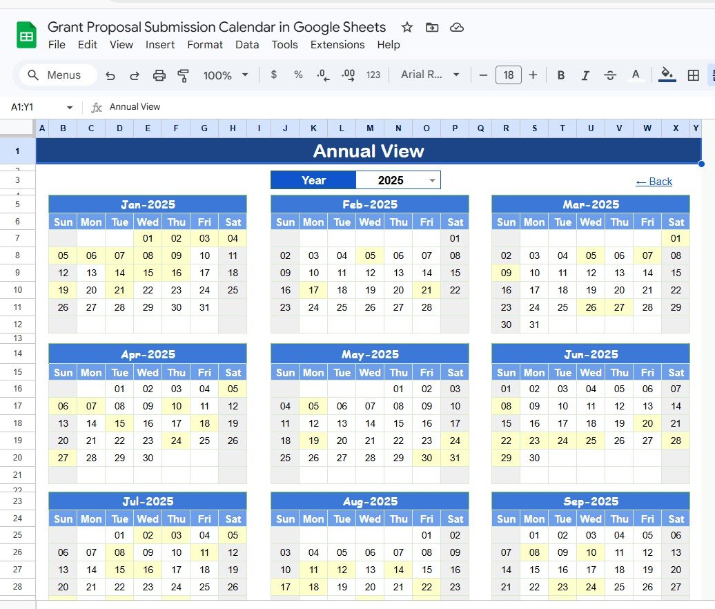 Grant Proposal Submission Calendar in Google Sheets - Annual View Sheet