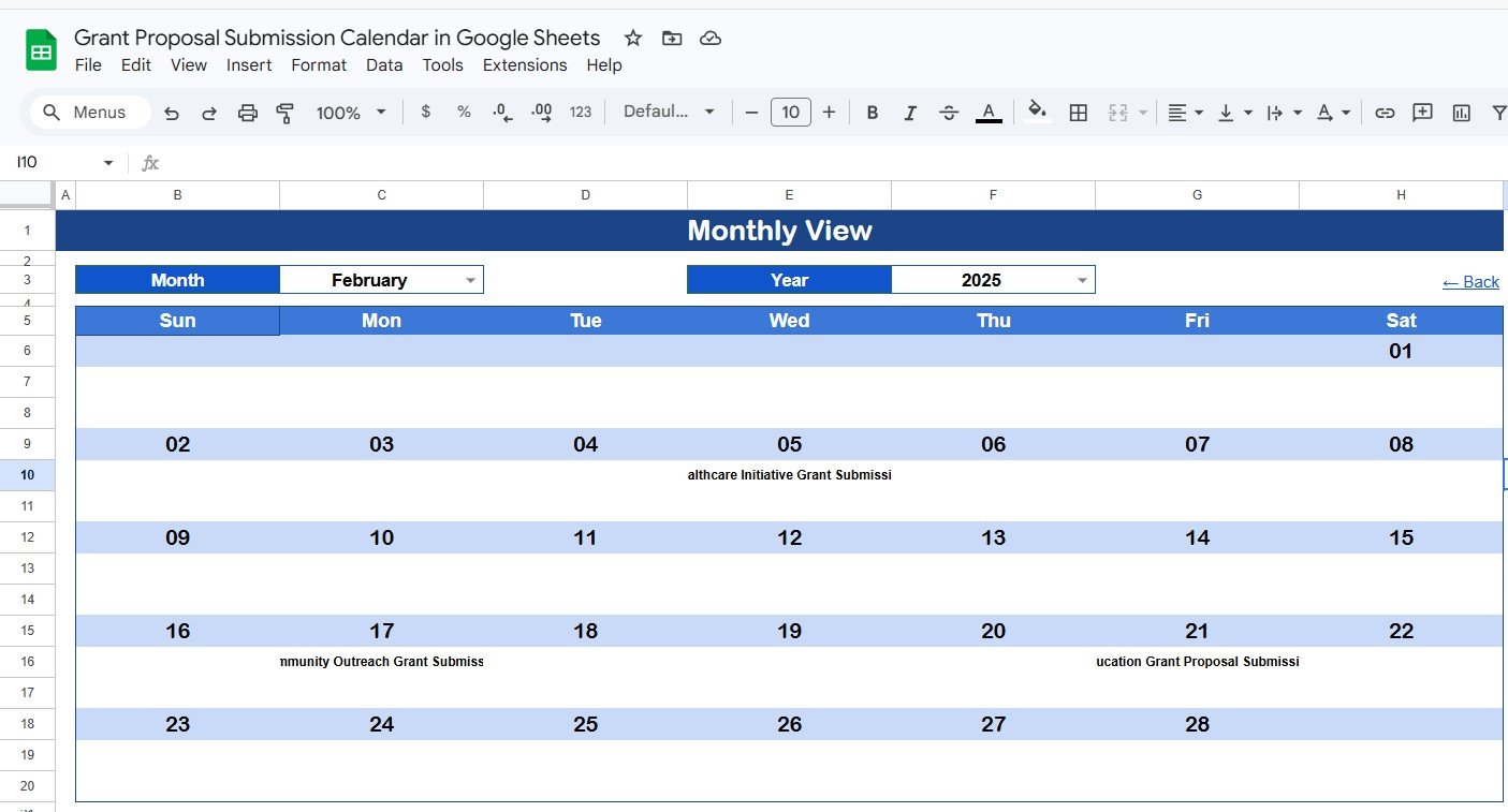 Grant Proposal Submission Calendar in Google Sheets - Monthly View Sheet