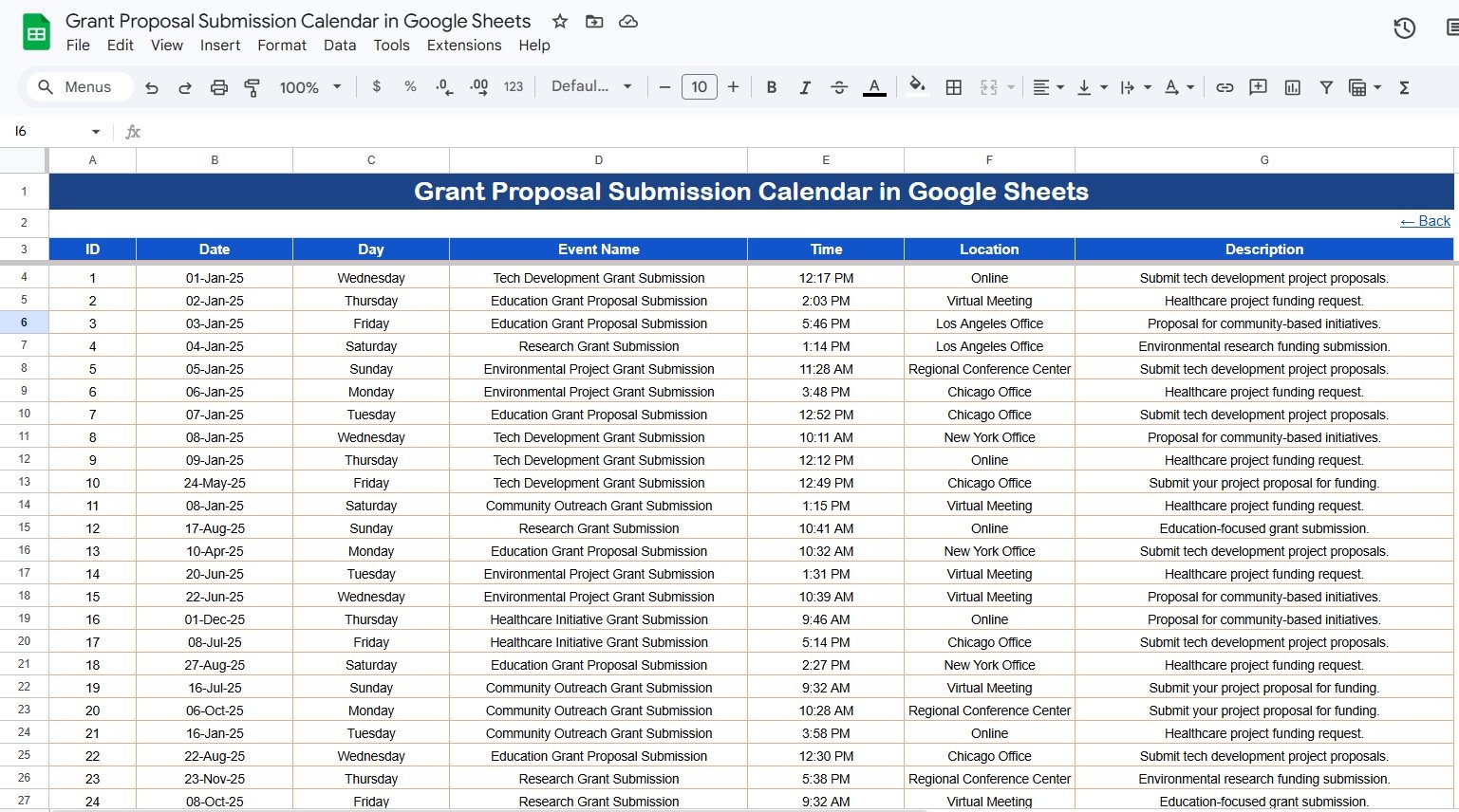 Grant Proposal Submission Calendar in Google Sheets - Events Sheet