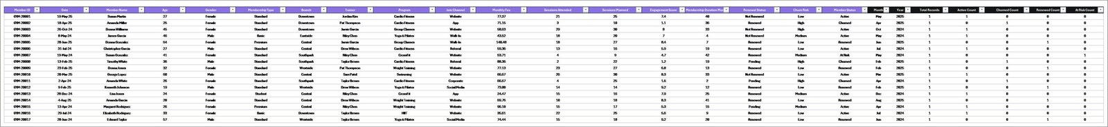 Gym Retention Dashboard in Excel - Data Sheet