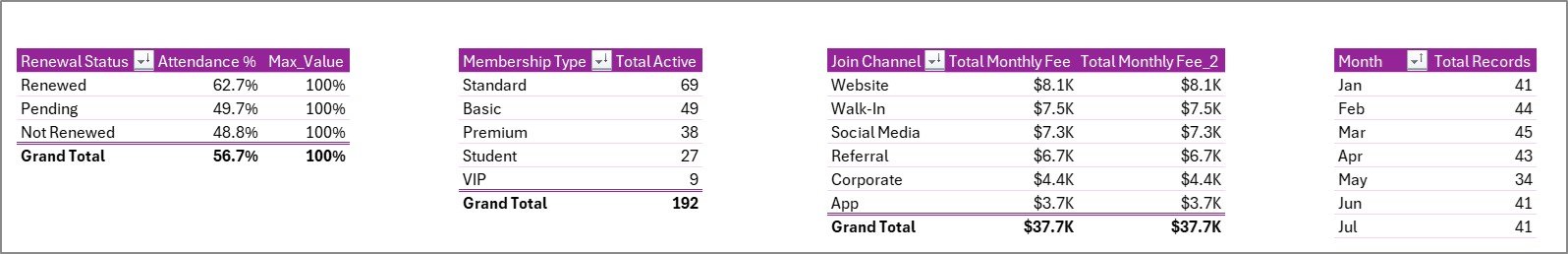 Gym Retention Dashboard in Excel - Support Sheet