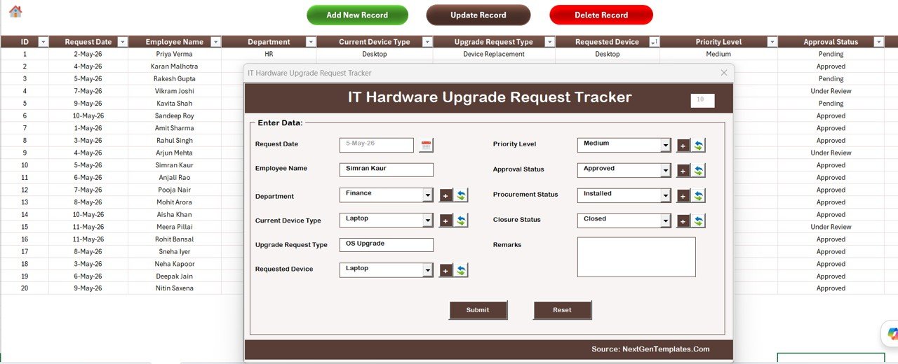 Data Sheet with Add Update Delete buttons - IT Hardware Upgrade Request Tracker Excel