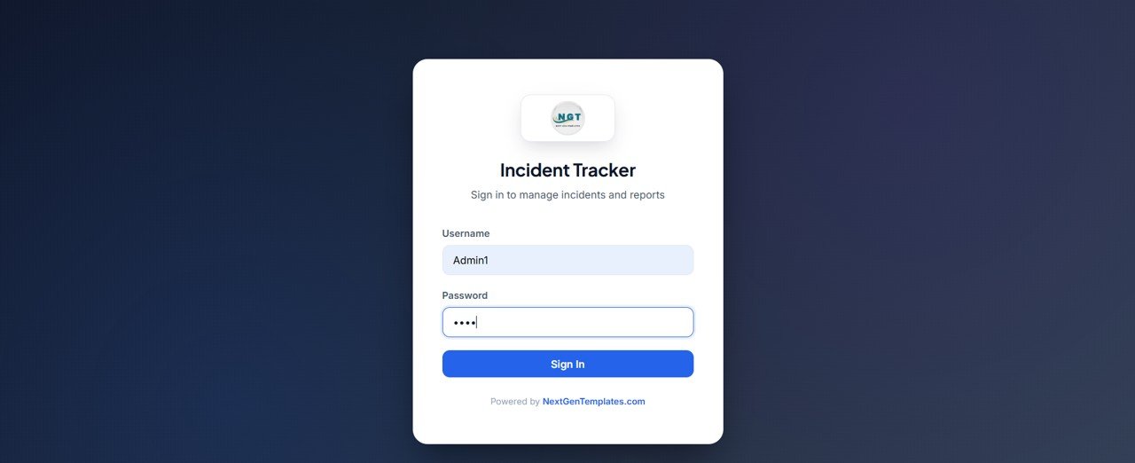 Incident Tracker and Report Web App login page