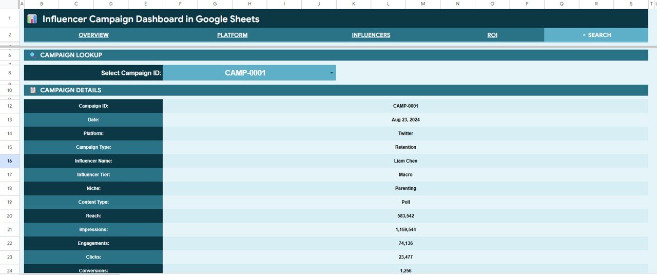 Influencer Campaign Dashboard in Google Sheets – Search Page
