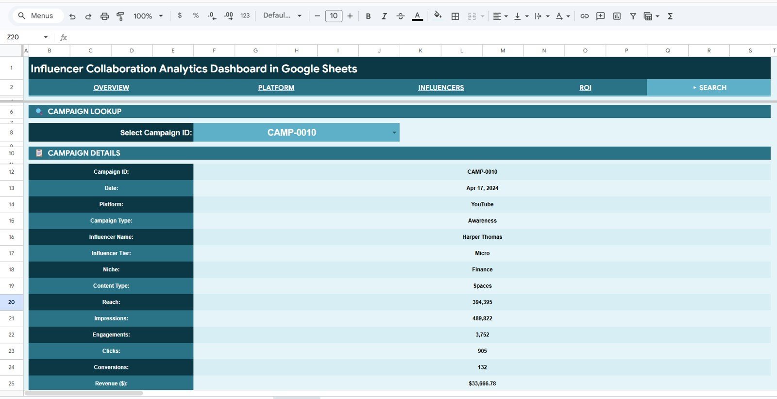 Search Sheet tab in Influencer Collaboration Analytics Dashboard in Google Sheets