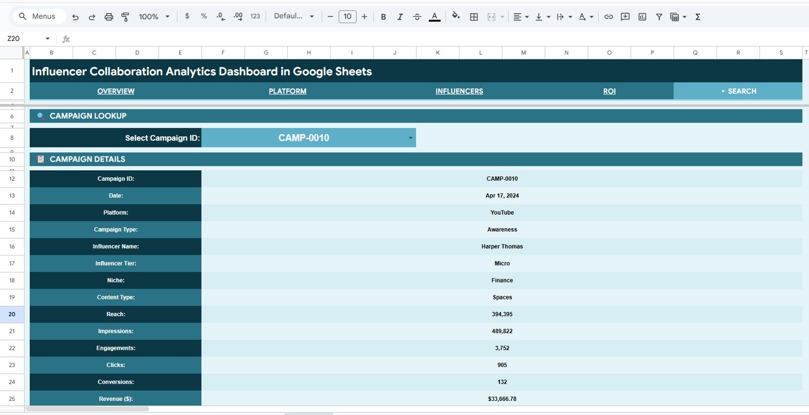 Search Sheet tab in Influencer Collaboration Analytics Dashboard in Google Sheets