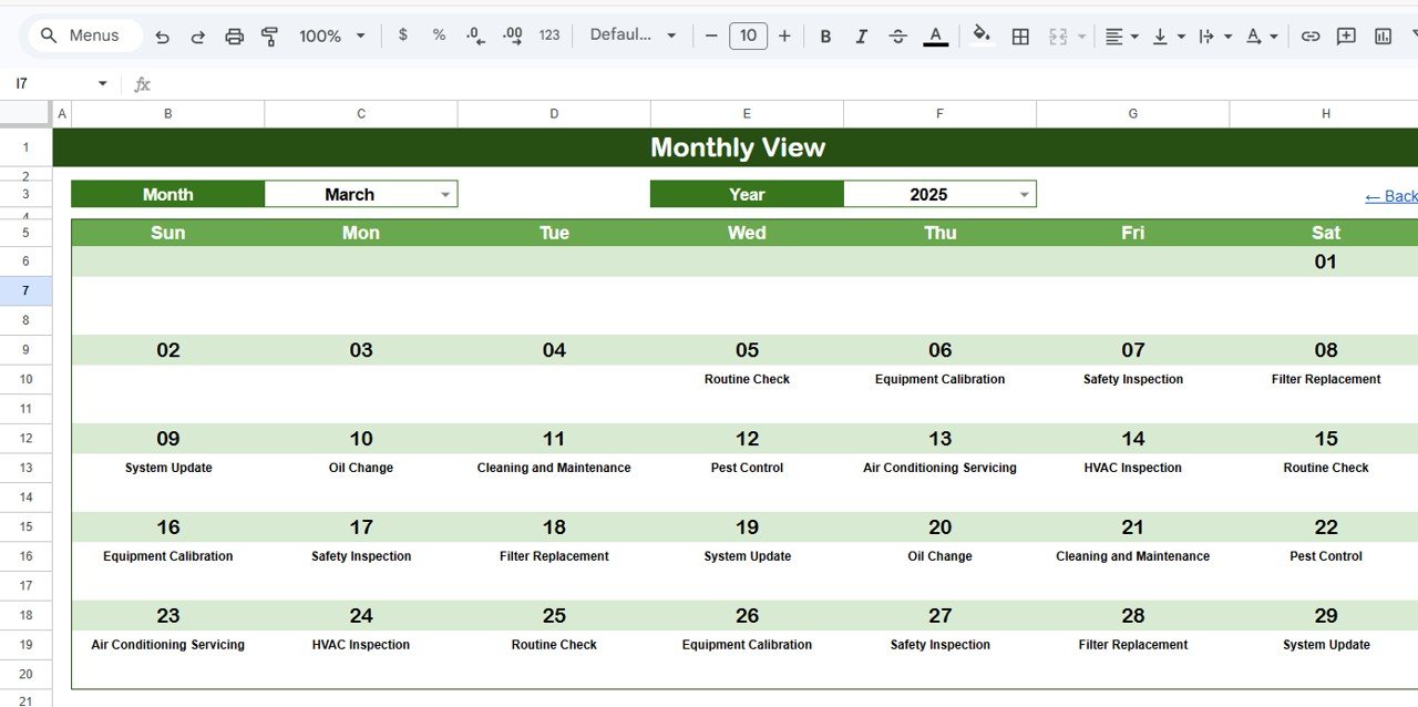 Maintenance Tasks Calendar - Monthly View