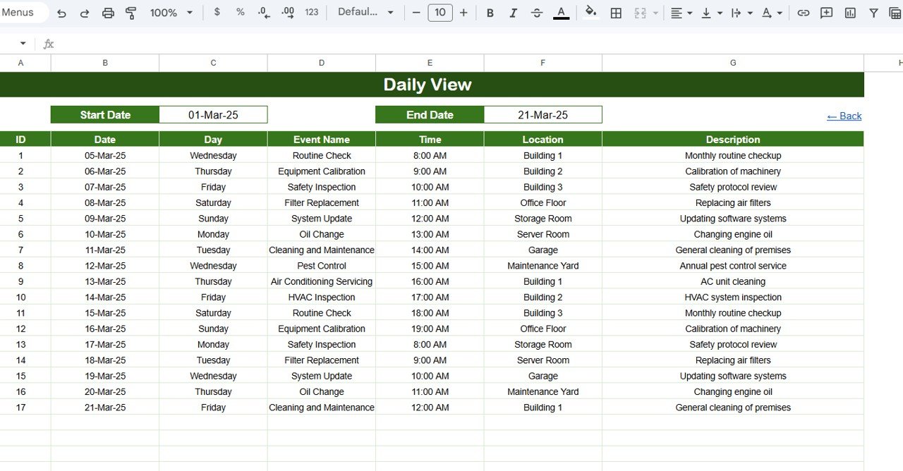 Maintenance Tasks Calendar - Daily View