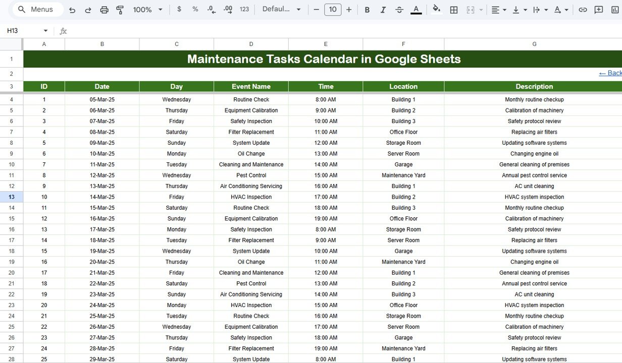 Maintenance Tasks Calendar - Events Database