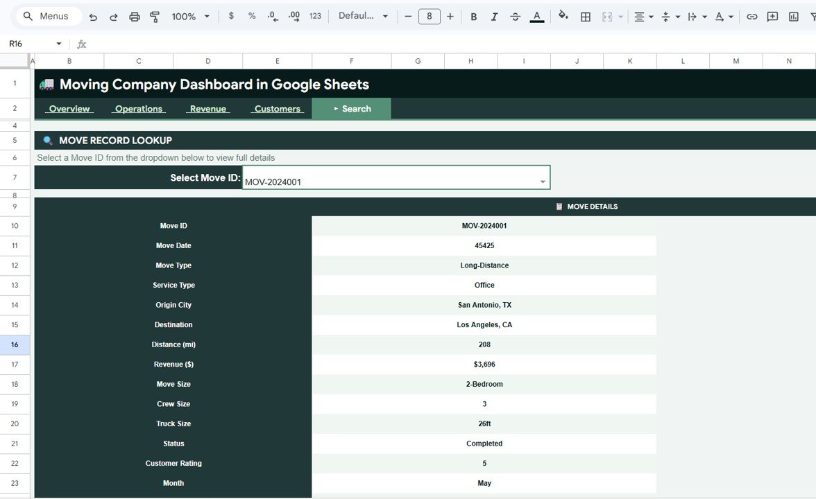 Moving Company Dashboard in Google Sheets search sheet tab