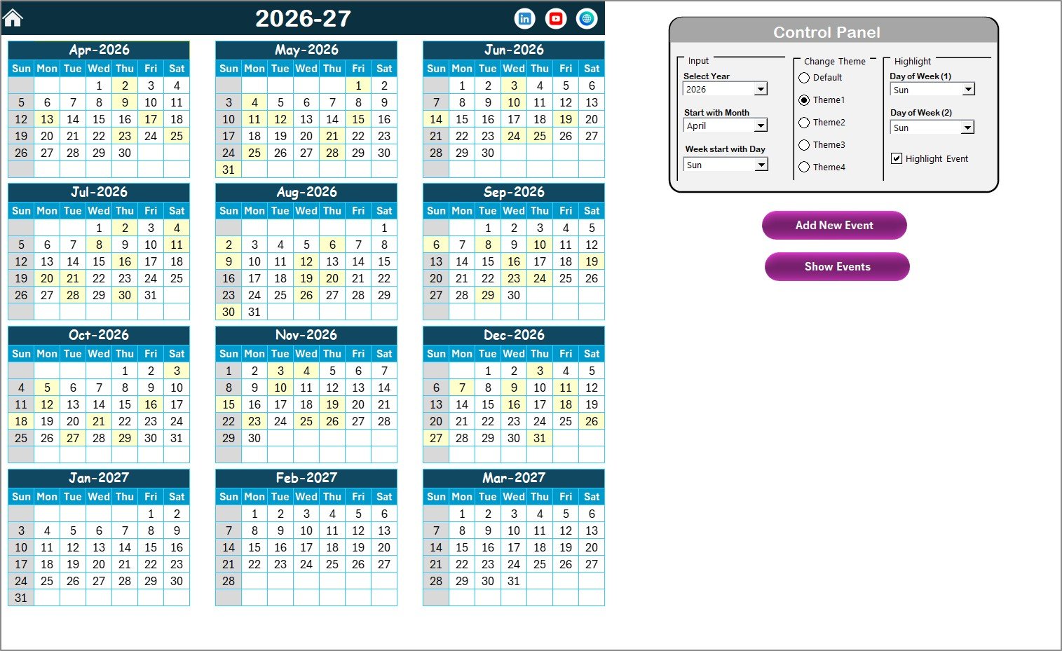 Multi-Platform Social Media Calendar in Excel - Annual View Sheet