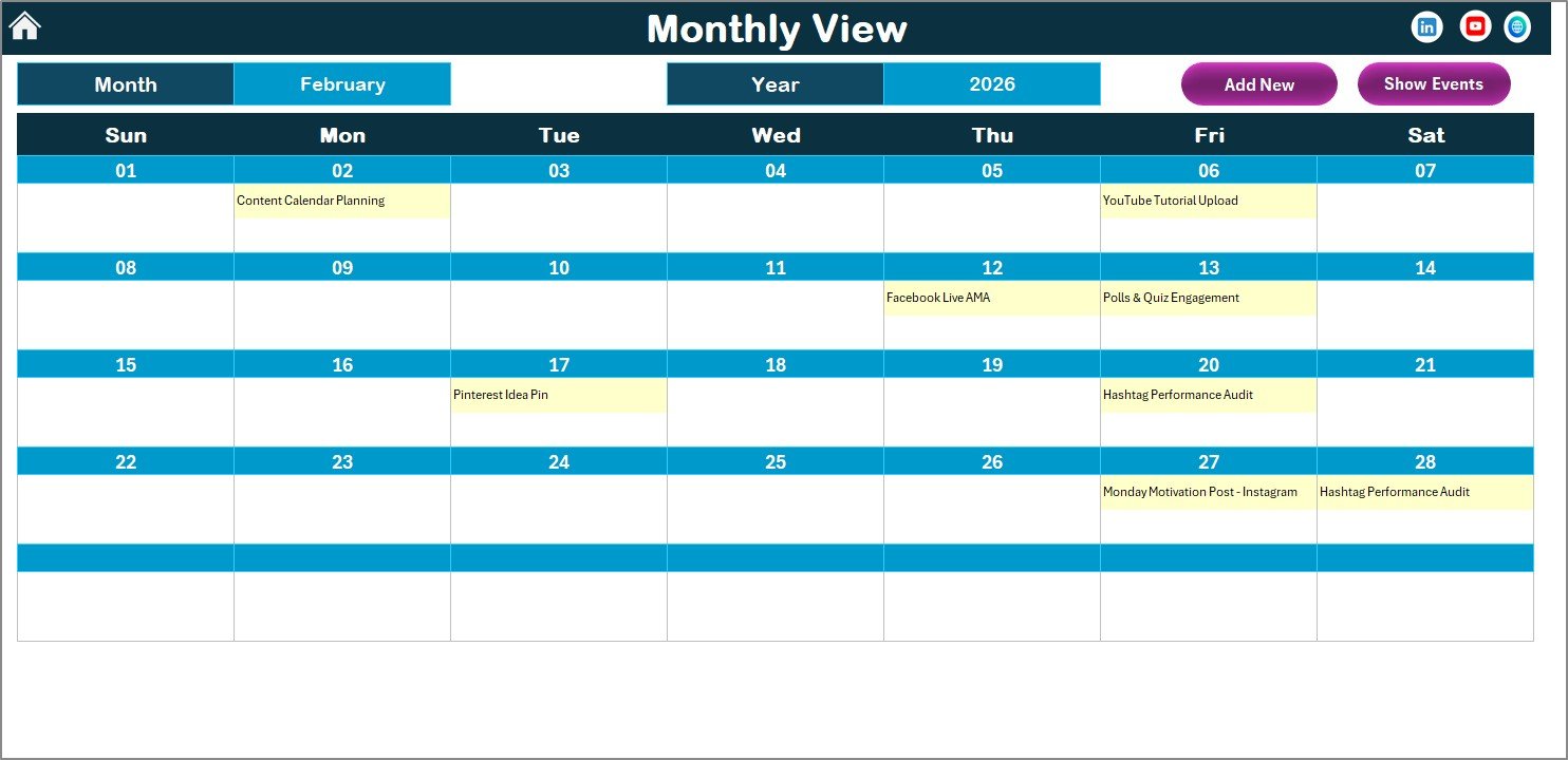 Multi-Platform Social Media Calendar in Excel - Monthly View Sheet
