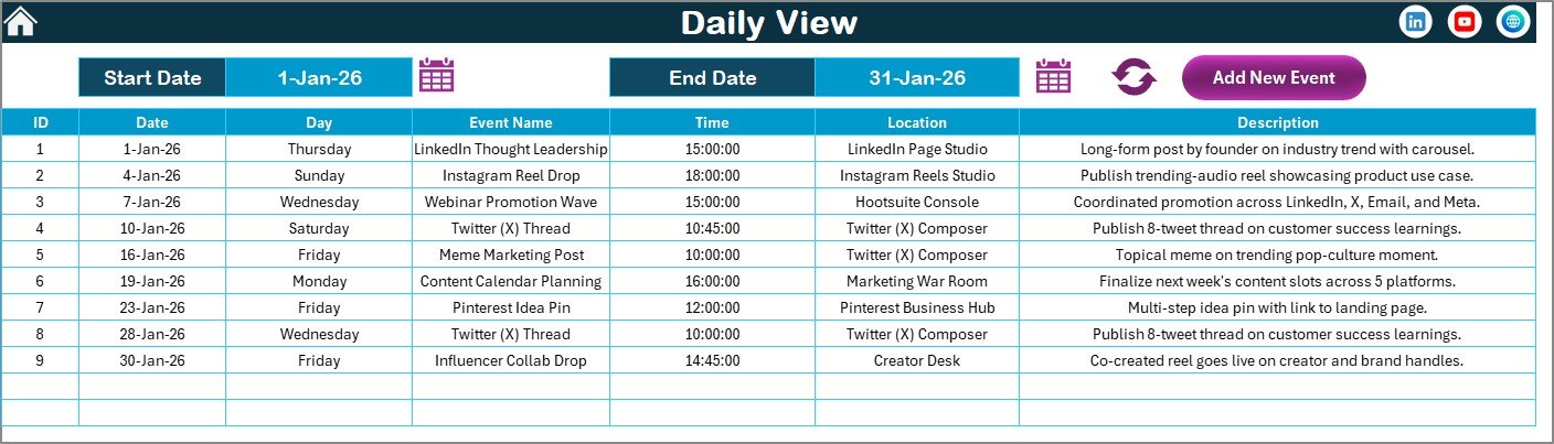 Multi-Platform Social Media Calendar in Excel - Daily View Sheet