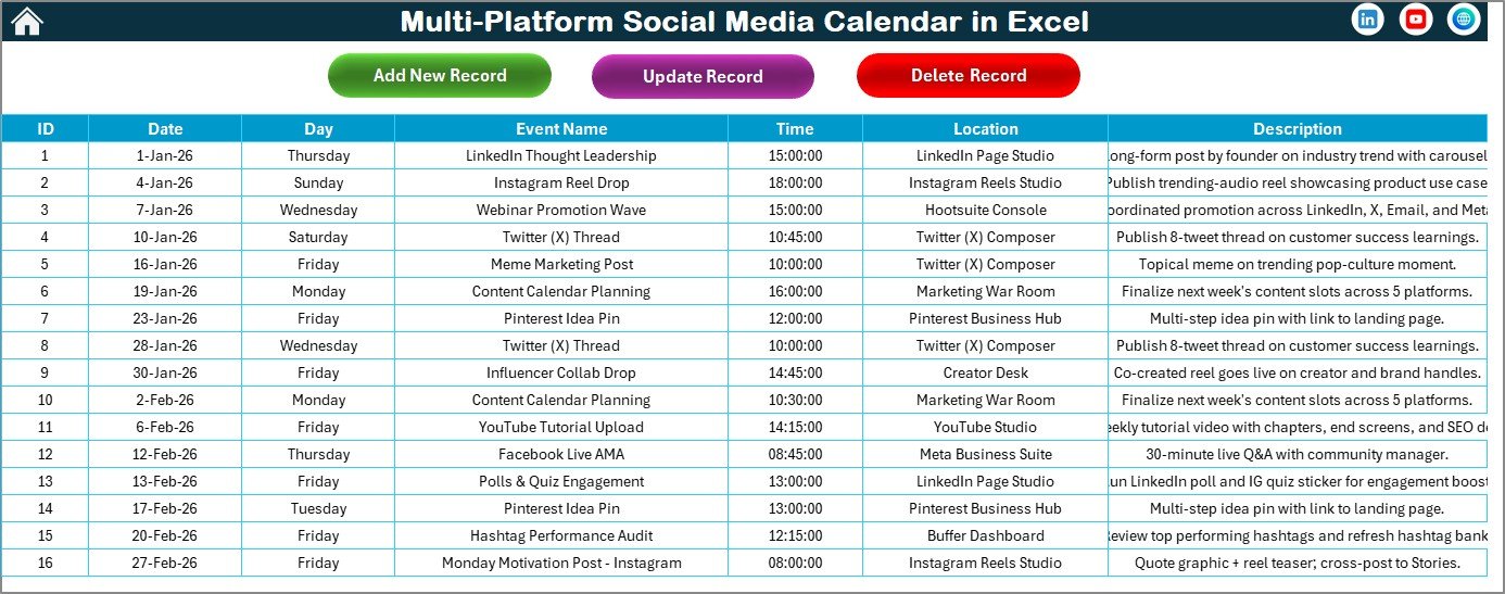Multi-Platform Social Media Calendar in Excel - Events Database Sheet