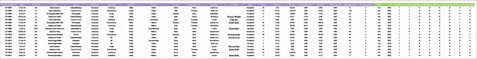 Museum Dashboard in Excel — Data Sheet tab
