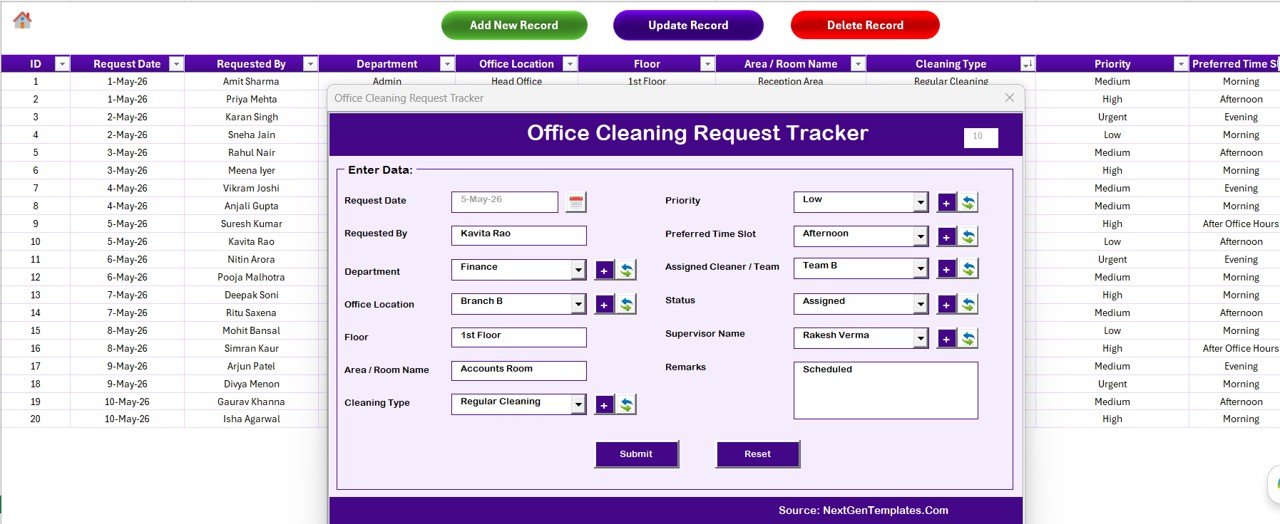 Office Cleaning Request Tracker in Excel - Data Sheet