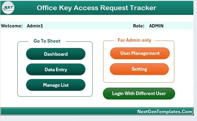 Office Key Access Request Tracker in Excel - Home Page