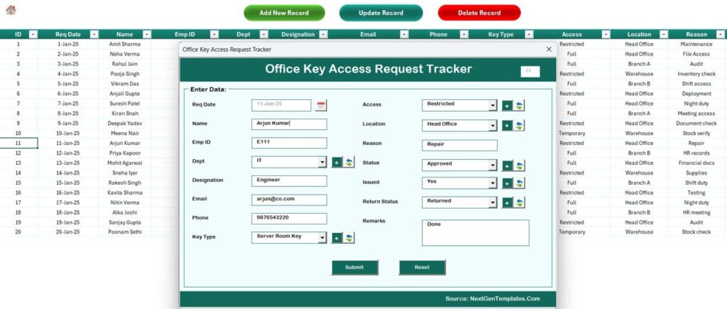 Office Key Access Request Tracker in Excel - Next Gen Templates