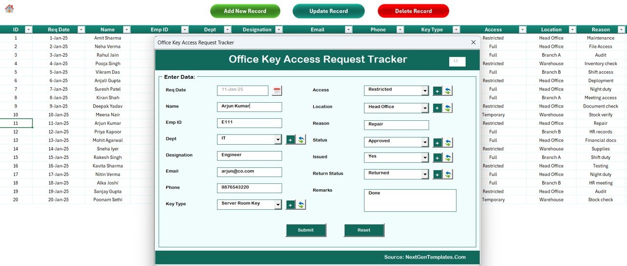 Office Key Access Request Tracker in Excel - Data Sheet with VBA buttons