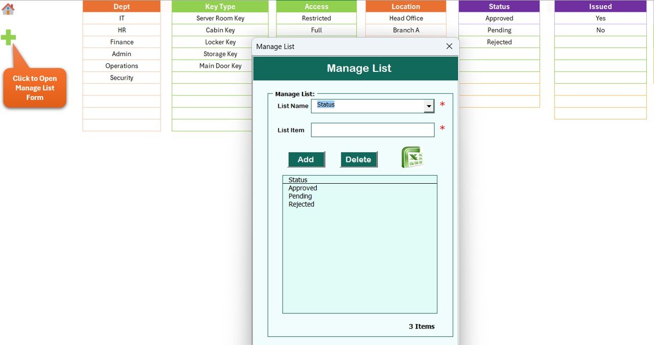 Office Key Access Request Tracker in Excel - List Sheet