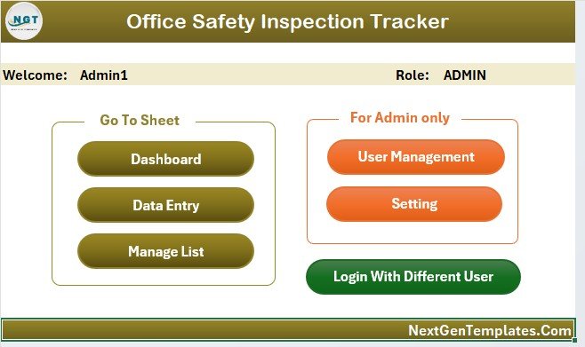 Office Safety Inspection Tracker in Excel - Login Form