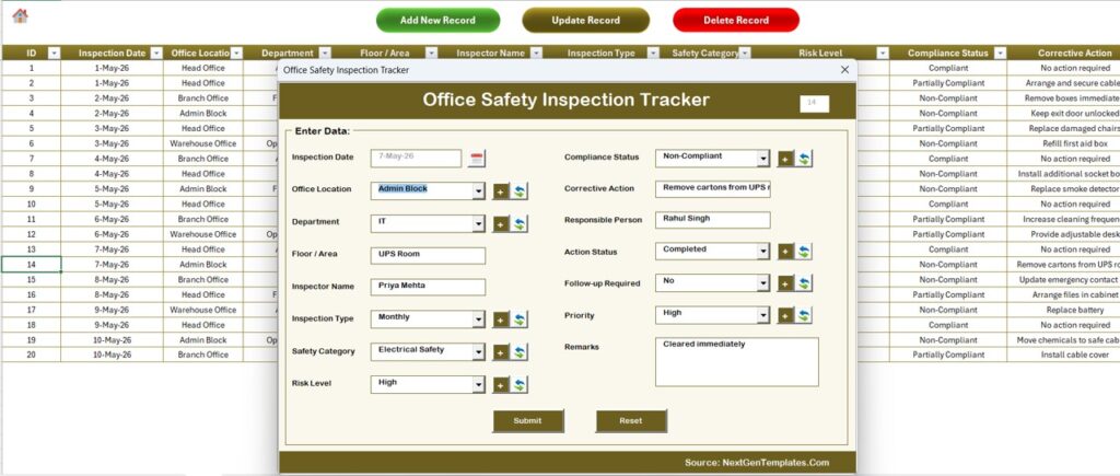 Office Safety Inspection Tracker in Excel - Next Gen Templates
