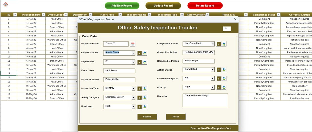 Office Safety Inspection Tracker in Excel - Interactive Dashboard