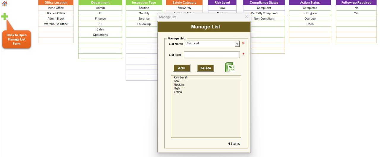 Office Safety Inspection Tracker in Excel - Data Entry Form