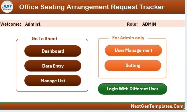 Office Seating Arrangement Request Tracker in Excel - Home Page Navigation