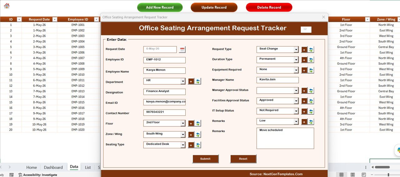 Office Seating Arrangement Request Tracker in Excel - Data Sheet with VBA Buttons