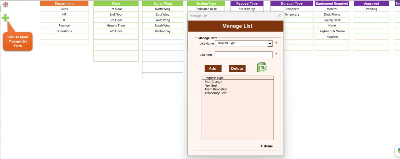 Office Seating Arrangement Request Tracker in Excel - List Sheet