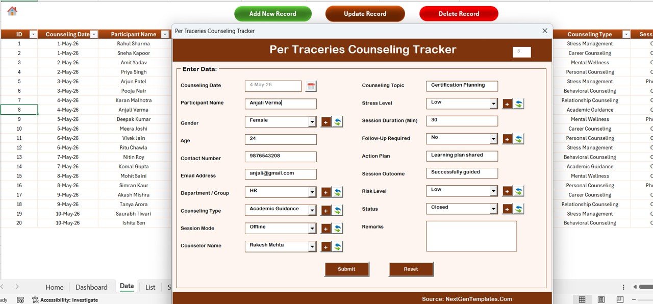 Per Traceries Counseling Tracker in Excel — Data Sheet