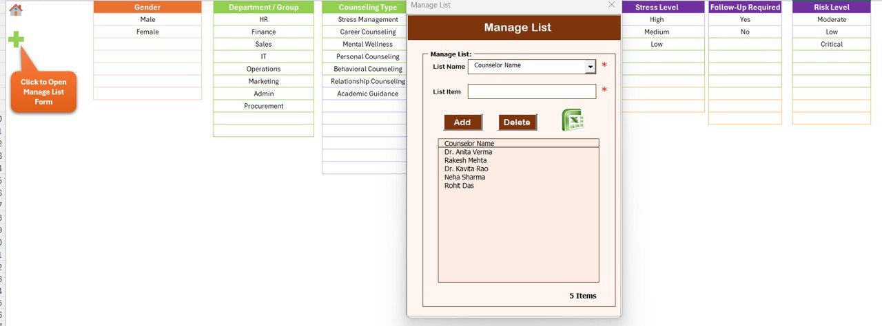 Per Traceries Counseling Tracker in Excel — List Sheet
