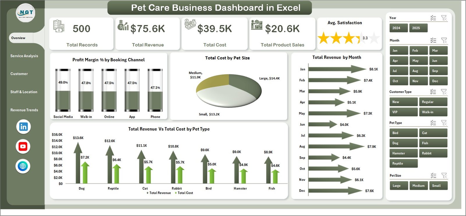 Pet Care Business Dashboard in Excel - Overview Page