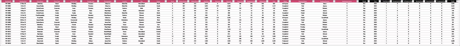 Photography Business Dashboard in Excel - Data Sheet Tab