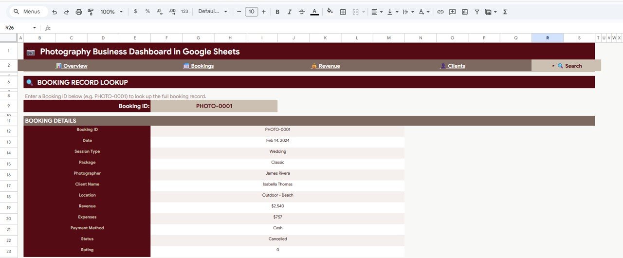 Search sheet tab in Photography Business Dashboard in Google Sheets