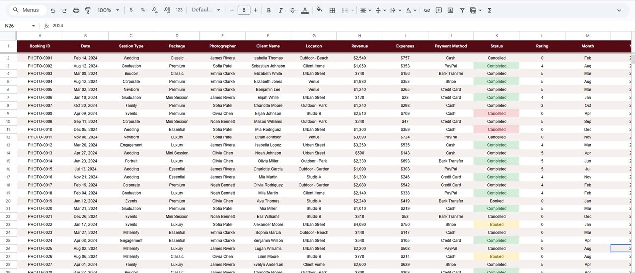 Data sheet tab in Photography Business Dashboard in Google Sheets
