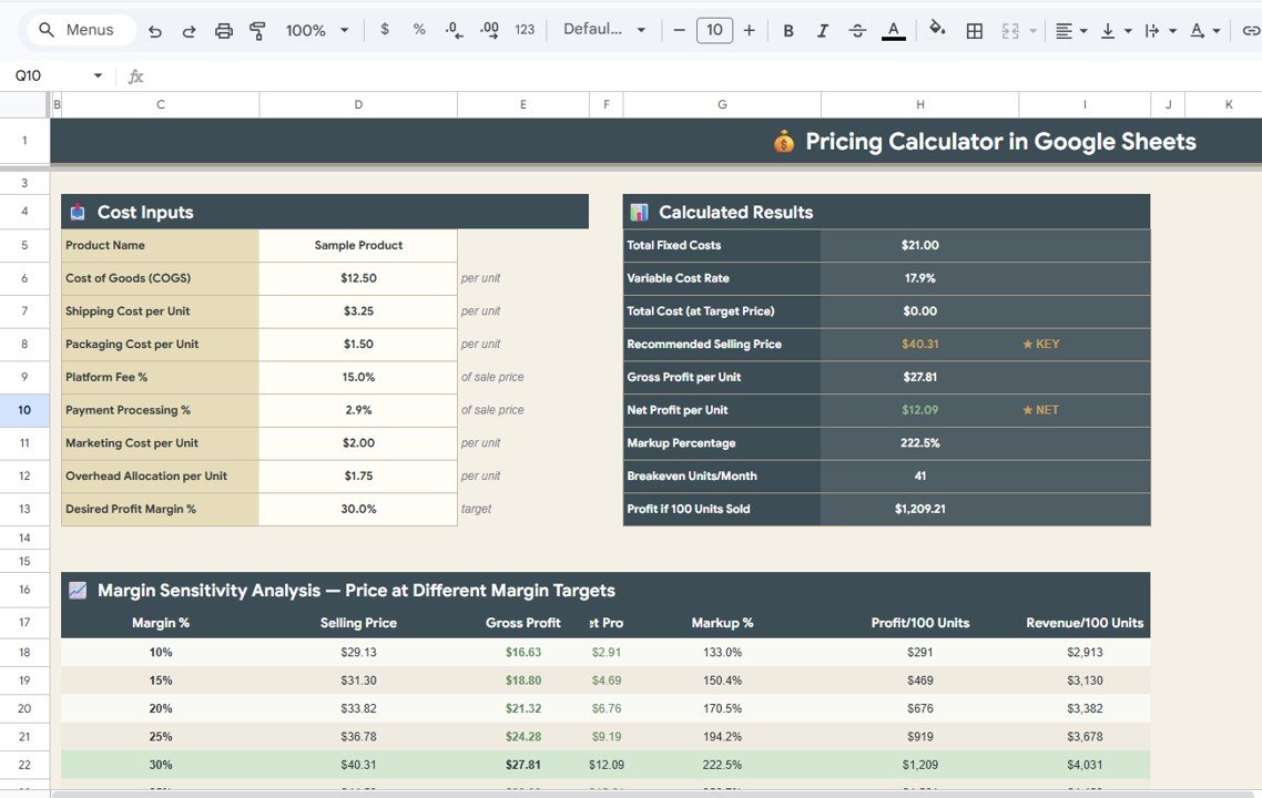 Pricing Calculator in Google Sheets - Overview Page